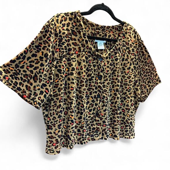 y2K White Stag Slinky Cheetah Print Crop Top Button Up Bouse size L - Picture 2 of 8